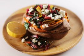 Make this delicious swiss chard and feta cheese stuffed sweet potatoes